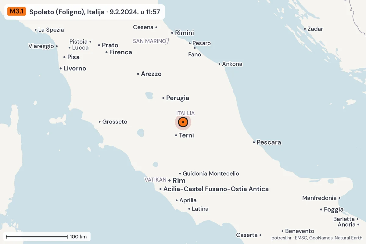 Karta: šire područje, 600 km, potres M3,1, Spoleto (Foligno), Italija, 9.2.2024.