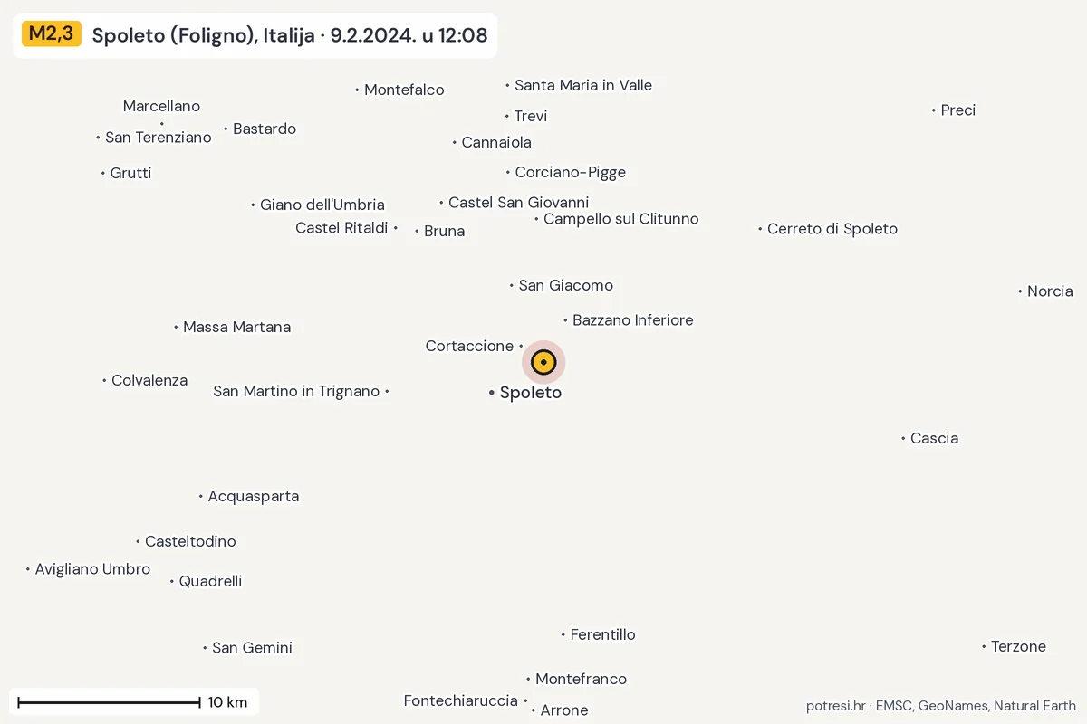Karta: okolica epicentra, 60 km, potres M2,3, Spoleto (Foligno), Italija, 9.2.2024.