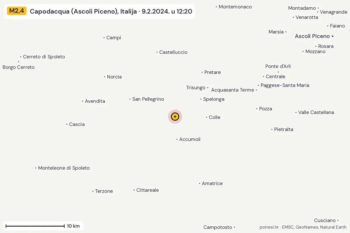 Karta: okolica epicentra, 60 km, potres M2,4, Capodacqua (Ascoli Piceno), Italija, 9.2.2024.