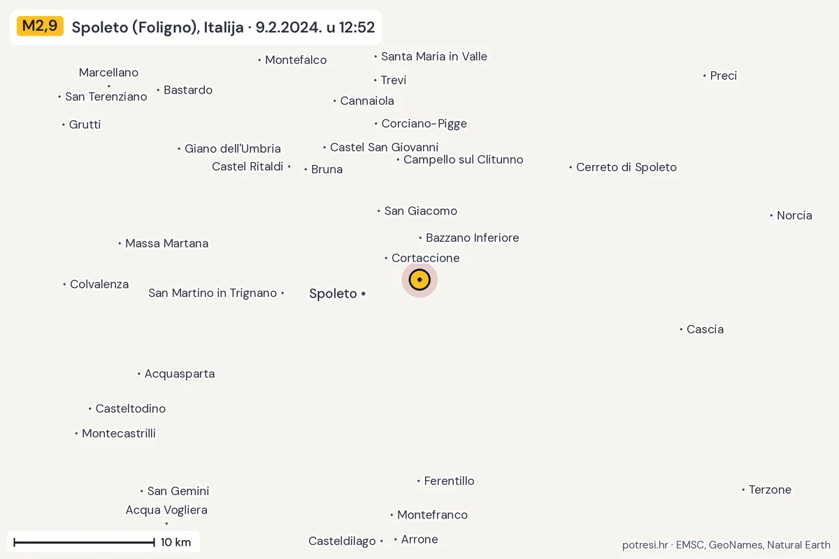 Karta: okolica epicentra, 60 km, potres M2,9, Spoleto (Foligno), Italija, 9.2.2024.