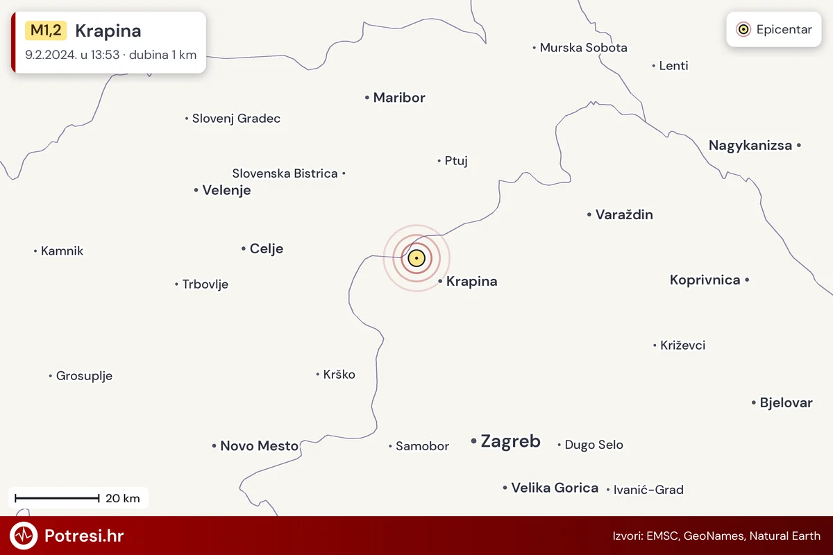 Karta: šire područje i vjerojatni doseg osjeta, potres M1,2, Krapina, 9.2.2024.
