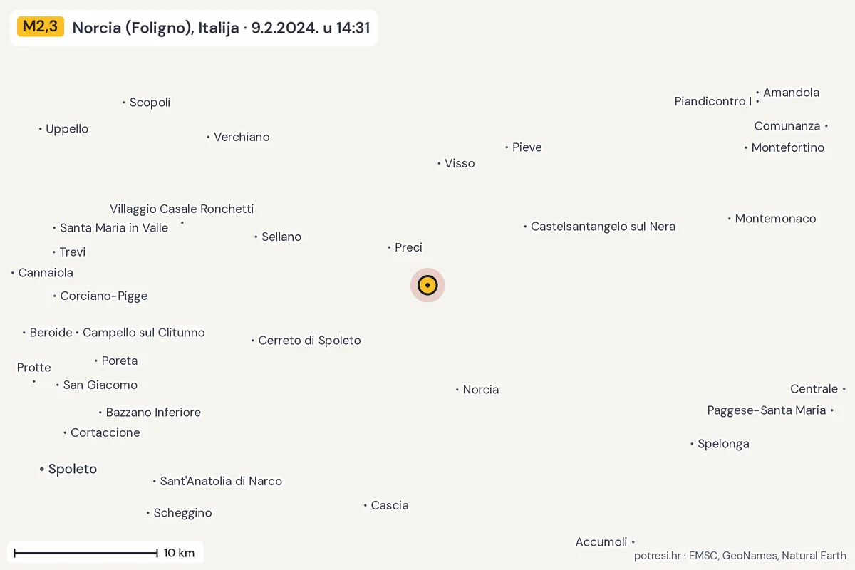 Karta: okolica epicentra, 60 km, potres M2,3, Norcia (Foligno), Italija, 9.2.2024.