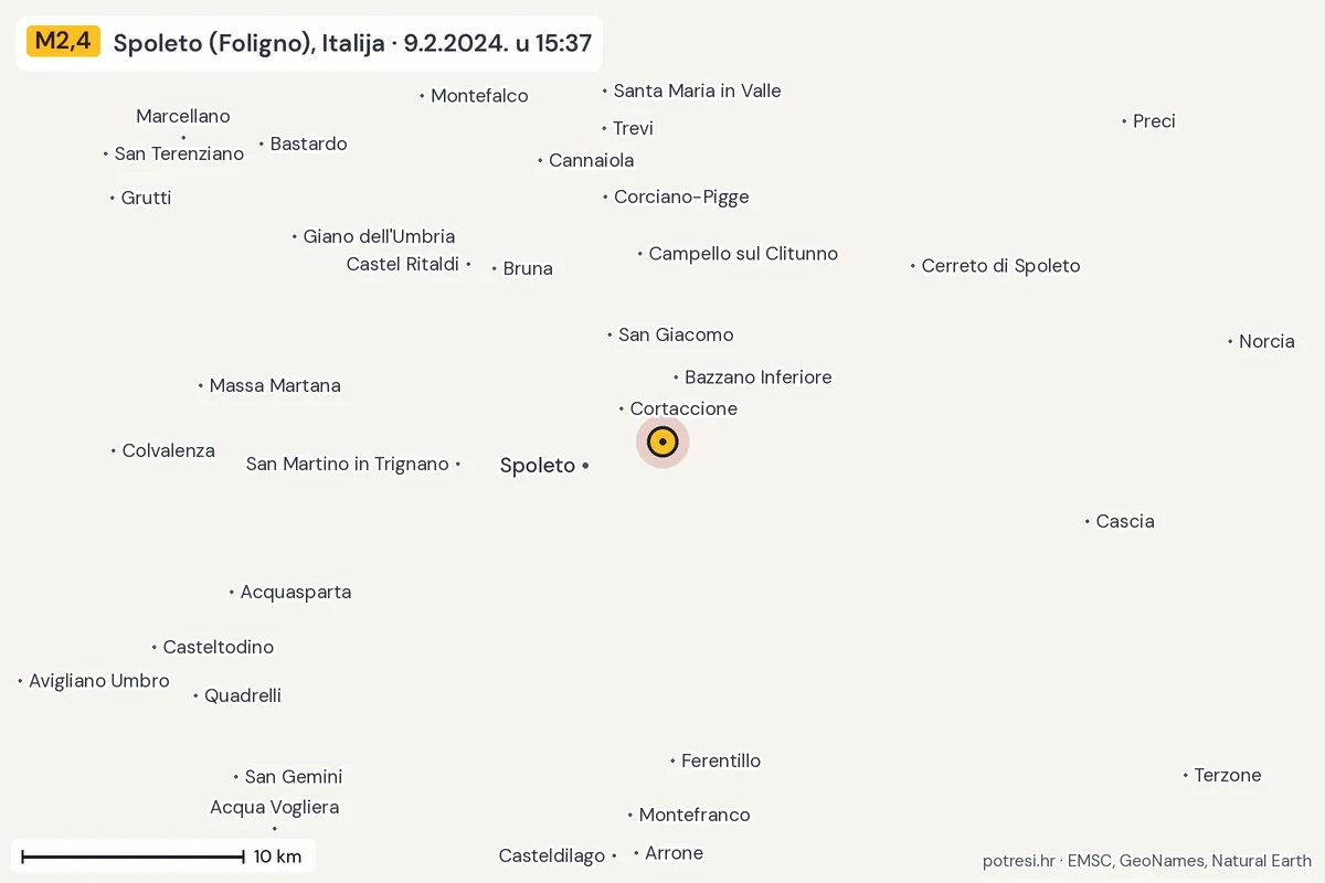 Karta: okolica epicentra, 60 km, potres M2,4, Spoleto (Foligno), Italija, 9.2.2024.
