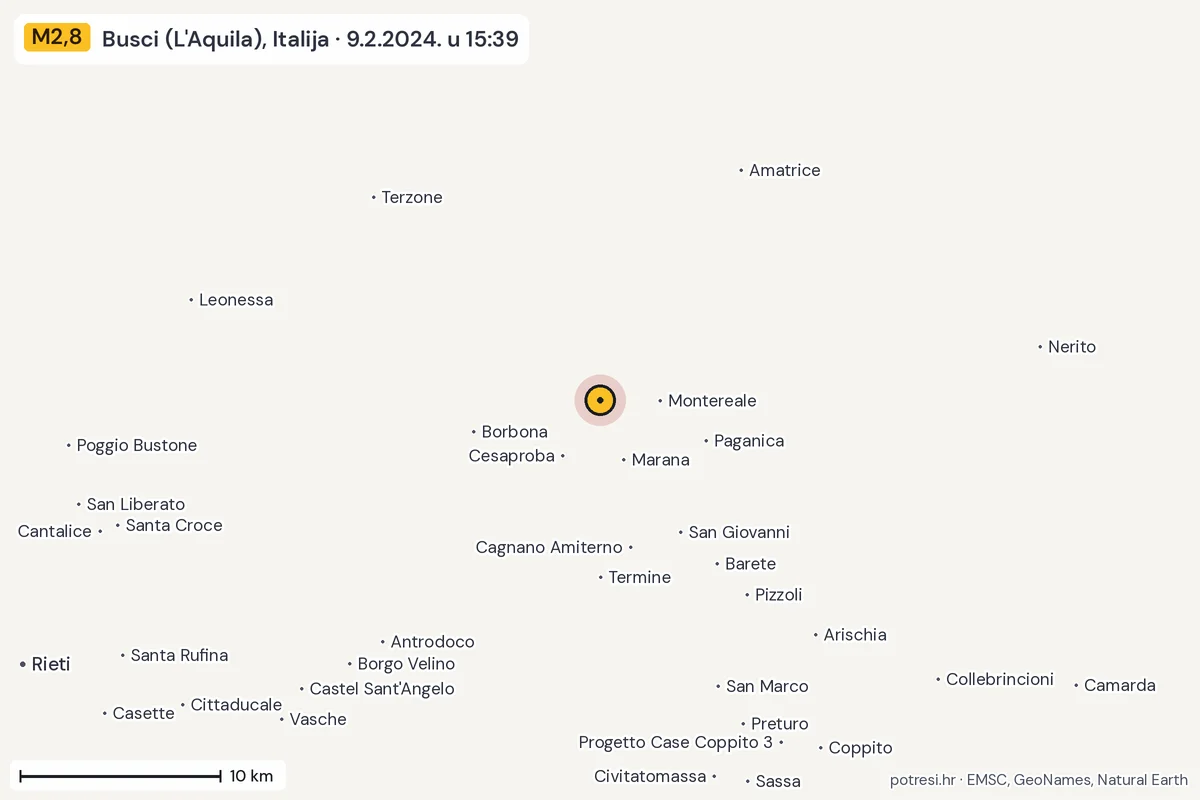 Karta: okolica epicentra, 60 km, potres M2,8, Busci (L'Aquila), Italija, 9.2.2024.