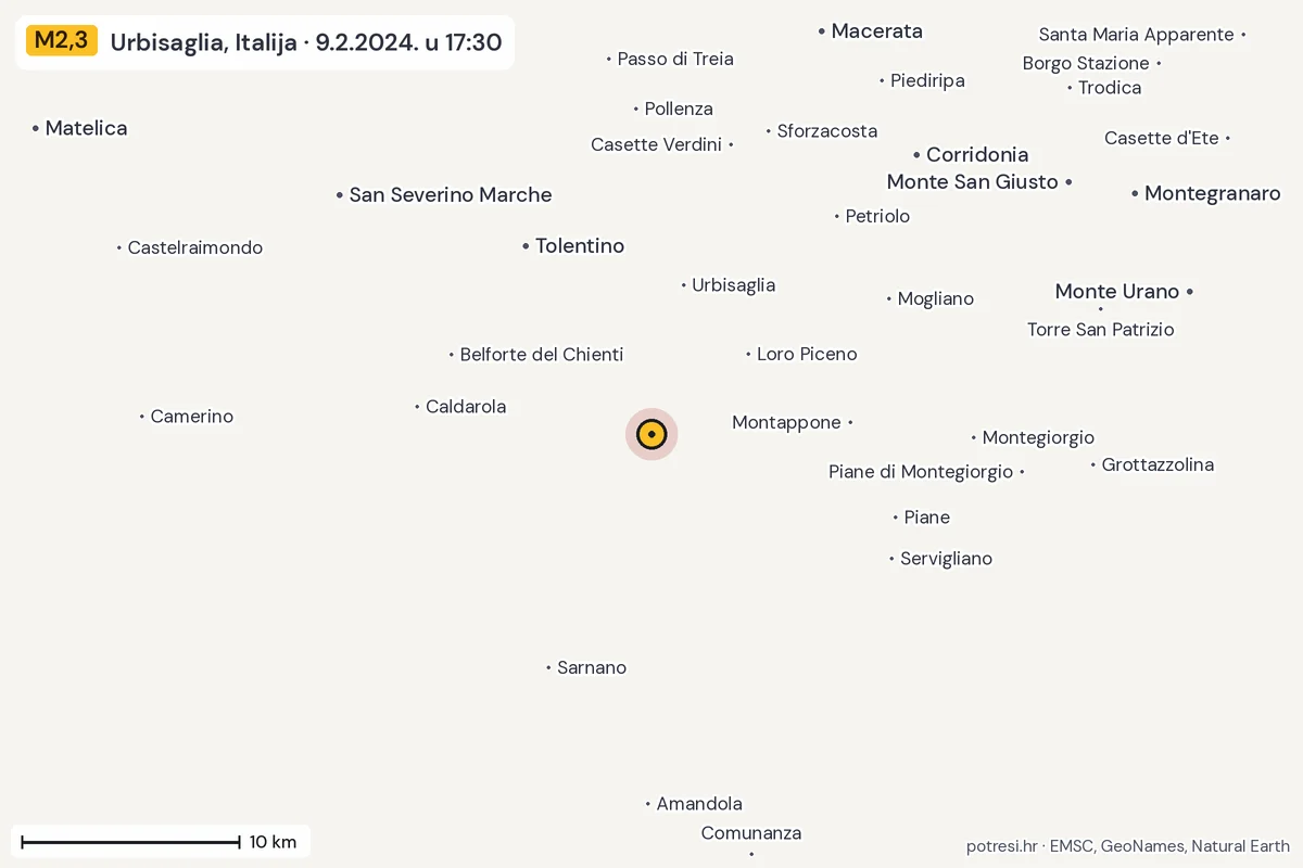 Karta: okolica epicentra, 60 km, potres M2,3, Urbisaglia, Italija, 9.2.2024.