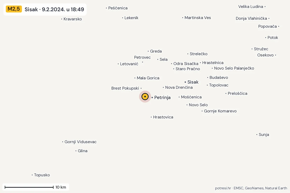Karta: okolica epicentra, 60 km, potres M2,5, Sisak, 9.2.2024.