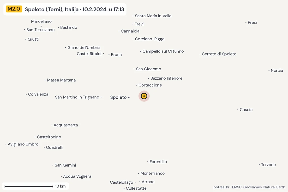 Karta: okolica epicentra, 60 km, potres M2,0, Spoleto (Terni), Italija, 10.2.2024.