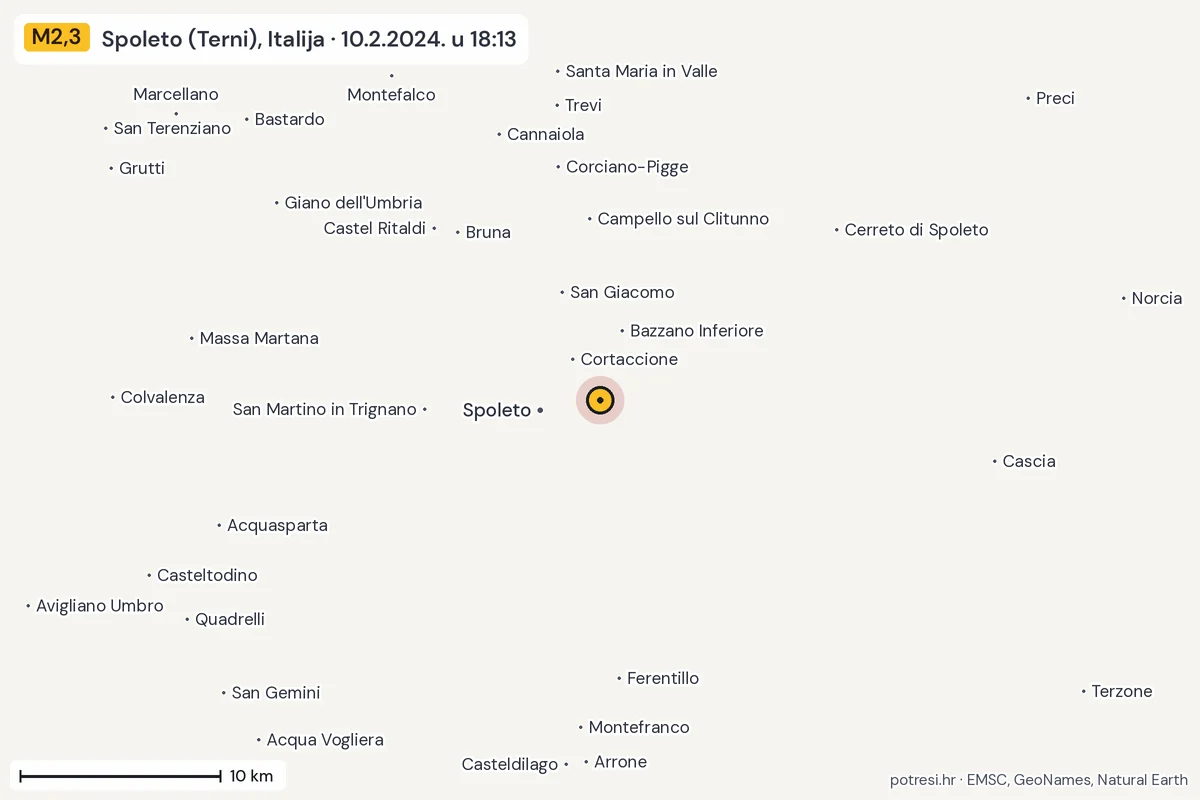 Karta: okolica epicentra, 60 km, potres M2,3, Spoleto (Terni), Italija, 10.2.2024.