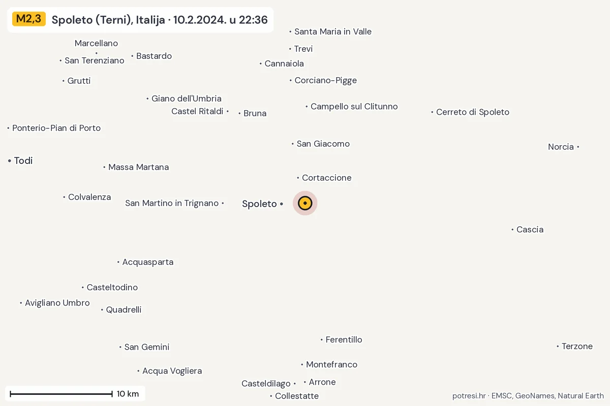 Karta: okolica epicentra, 60 km, potres M2,3, Spoleto (Terni), Italija, 10.2.2024.