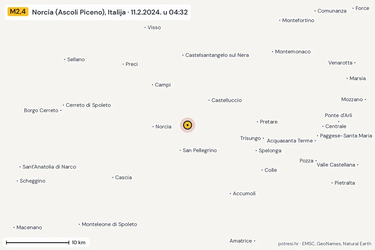 Karta: okolica epicentra, 60 km, potres M2,4, Norcia (Ascoli Piceno), Italija, 11.2.2024.