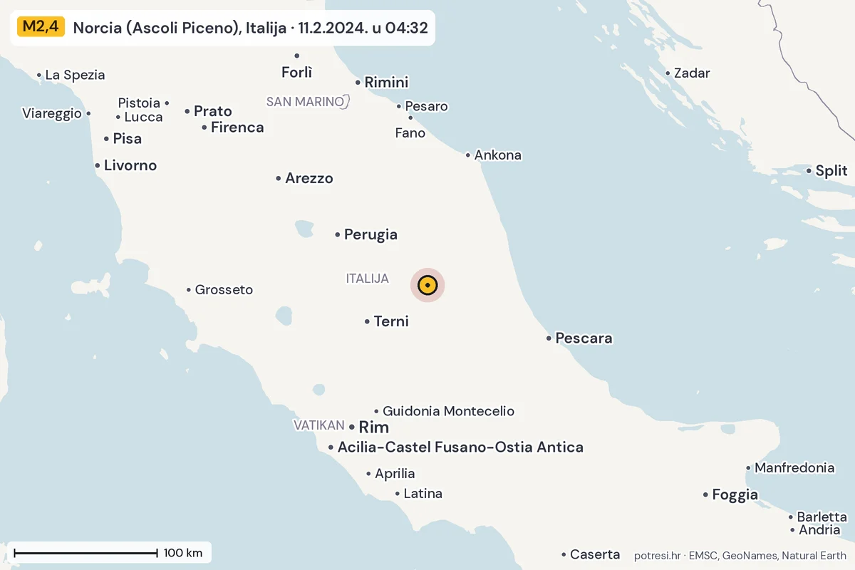 Karta: šire područje, 600 km, potres M2,4, Norcia (Ascoli Piceno), Italija, 11.2.2024.