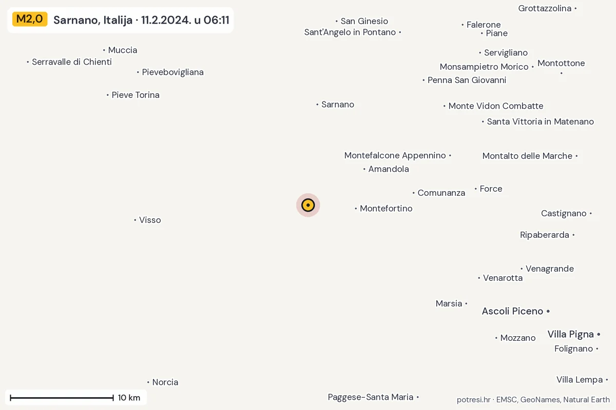 Karta: okolica epicentra, 60 km, potres M2,0, Sarnano, Italija, 11.2.2024.