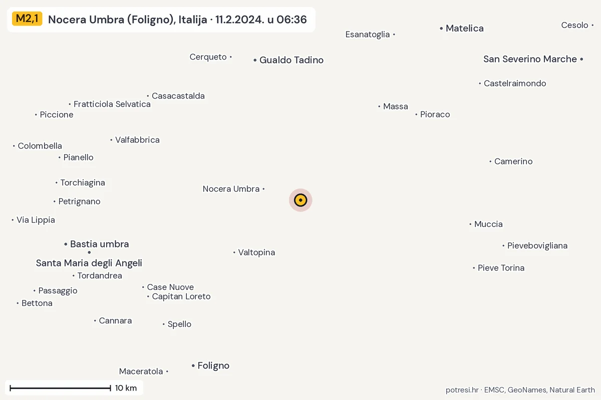 Karta: okolica epicentra, 60 km, potres M2,1, Nocera Umbra (Foligno), Italija, 11.2.2024.