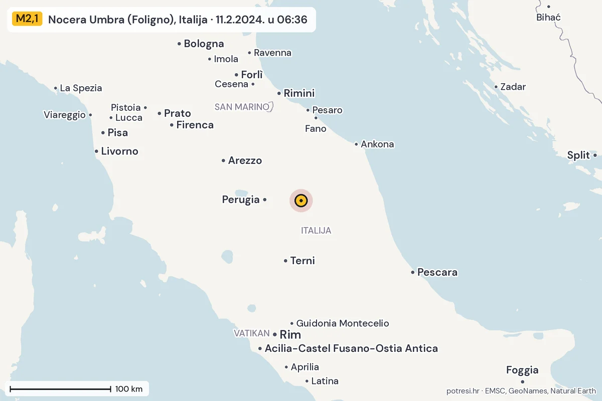 Karta: šire područje, 600 km, potres M2,1, Nocera Umbra (Foligno), Italija, 11.2.2024.