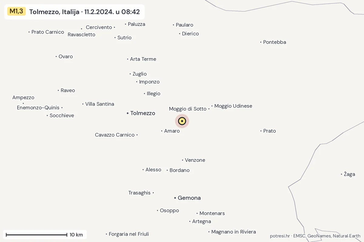Karta: okolica epicentra, 60 km, potres M1,3, Tolmezzo, Italija, 11.2.2024.