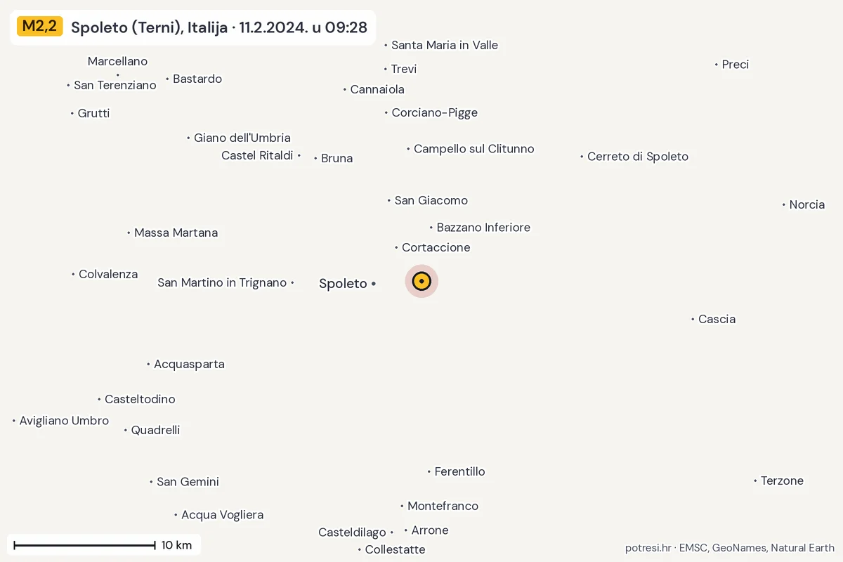 Karta: okolica epicentra, 60 km, potres M2,2, Spoleto (Terni), Italija, 11.2.2024.