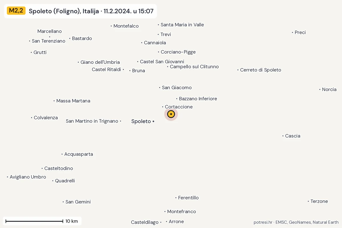 Karta: okolica epicentra, 60 km, potres M2,2, Spoleto (Foligno), Italija, 11.2.2024.