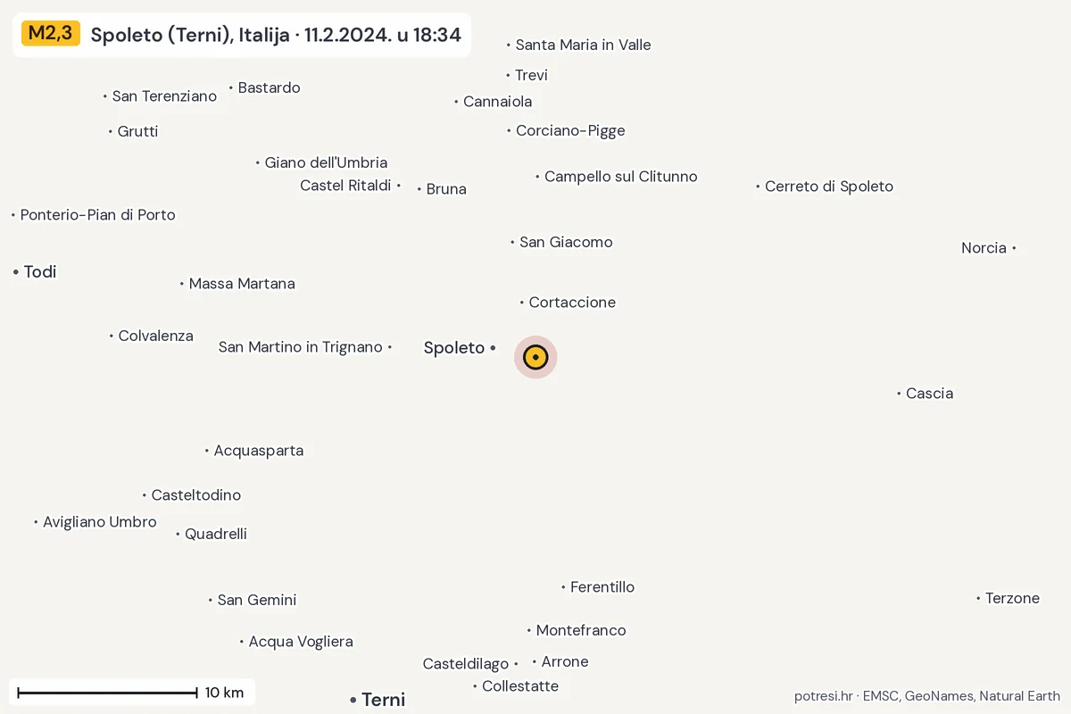 Karta: okolica epicentra, 60 km, potres M2,3, Spoleto (Terni), Italija, 11.2.2024.