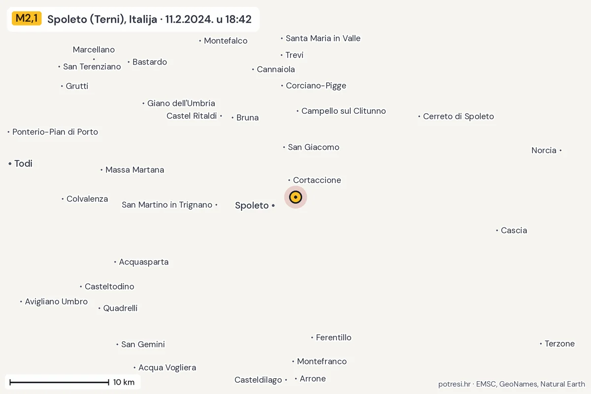 Karta: okolica epicentra, 60 km, potres M2,1, Spoleto (Terni), Italija, 11.2.2024.