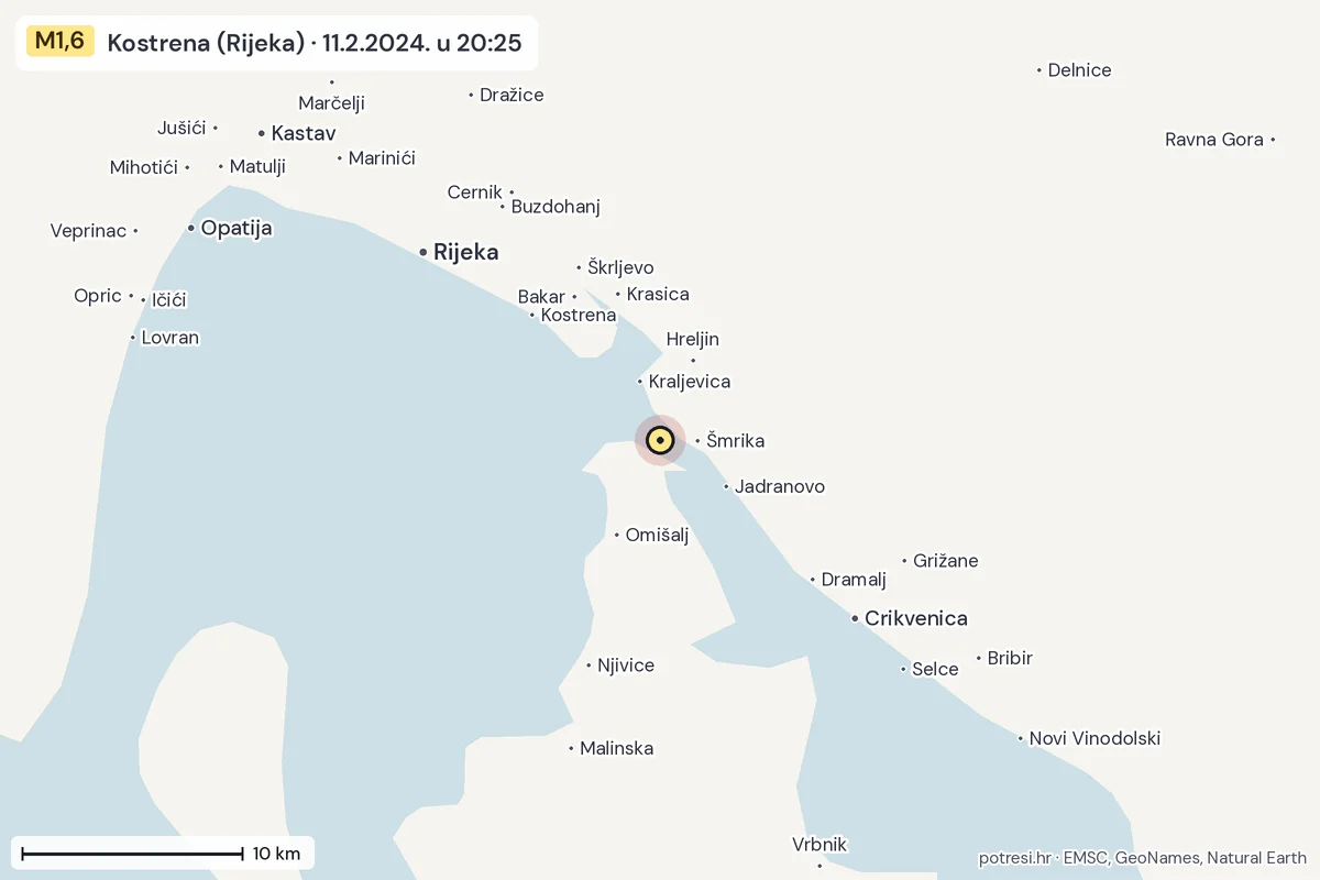 Karta: okolica epicentra, 60 km, potres M1,6, Kostrena (Rijeka), 11.2.2024.