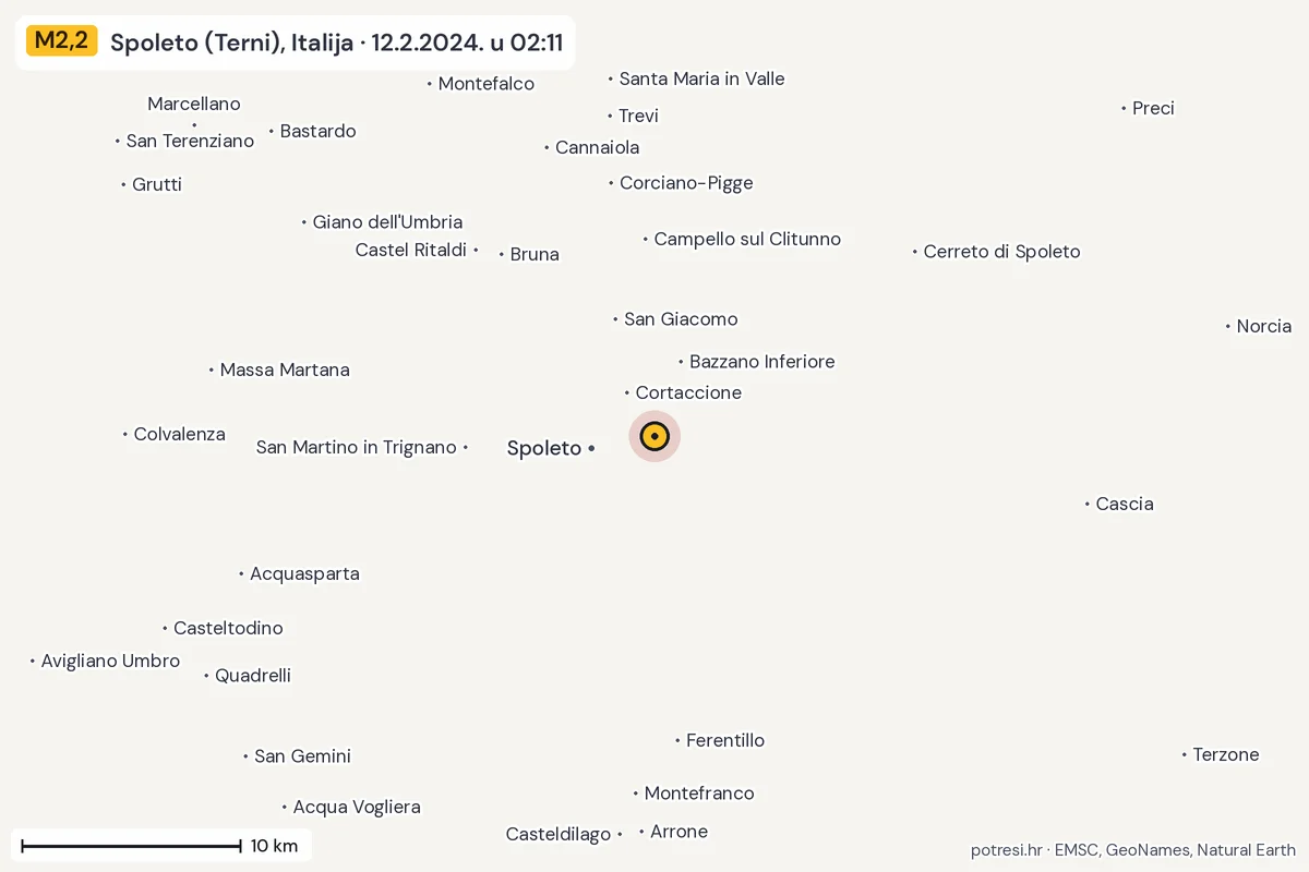 Karta: okolica epicentra, 60 km, potres M2,2, Spoleto (Terni), Italija, 12.2.2024.