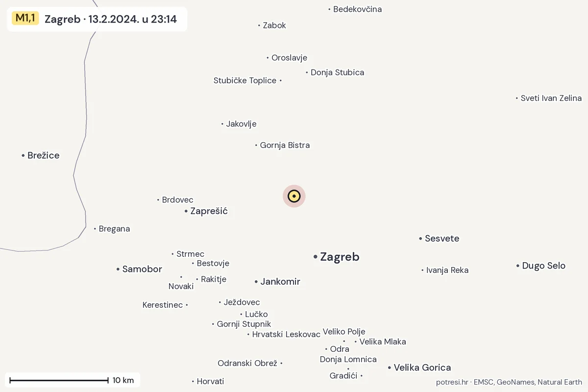 Karta: okolica epicentra, 60 km, potres M1,1, Zagreb, 13.2.2024.
