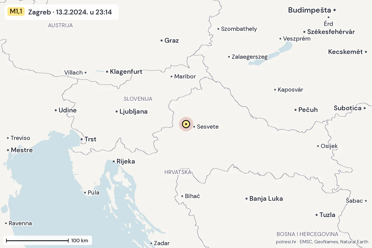 Karta: šire područje, 600 km, potres M1,1, Zagreb, 13.2.2024.