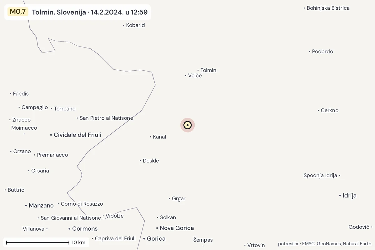 Karta: okolica epicentra, 60 km, potres M0,7, Tolmin, Slovenija, 14.2.2024.