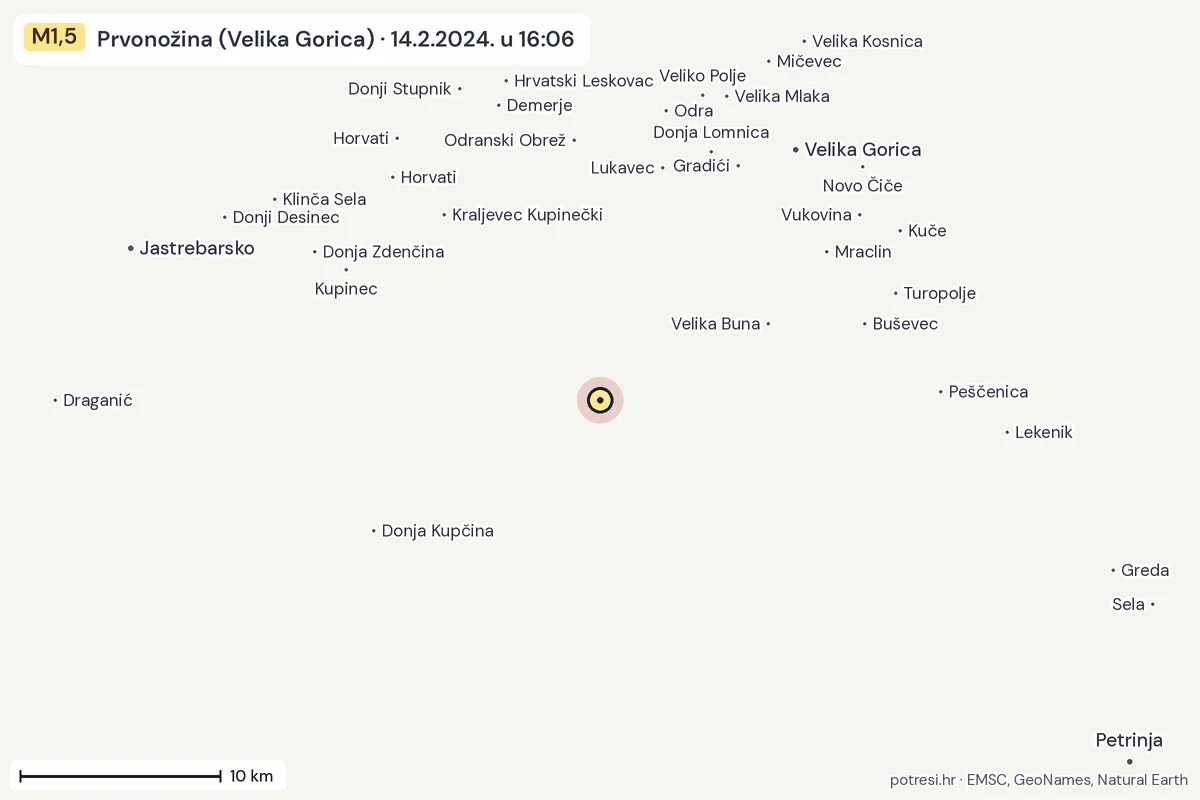 Karta: okolica epicentra, 60 km, potres M1,5, Prvonožina (Velika Gorica), 14.2.2024.