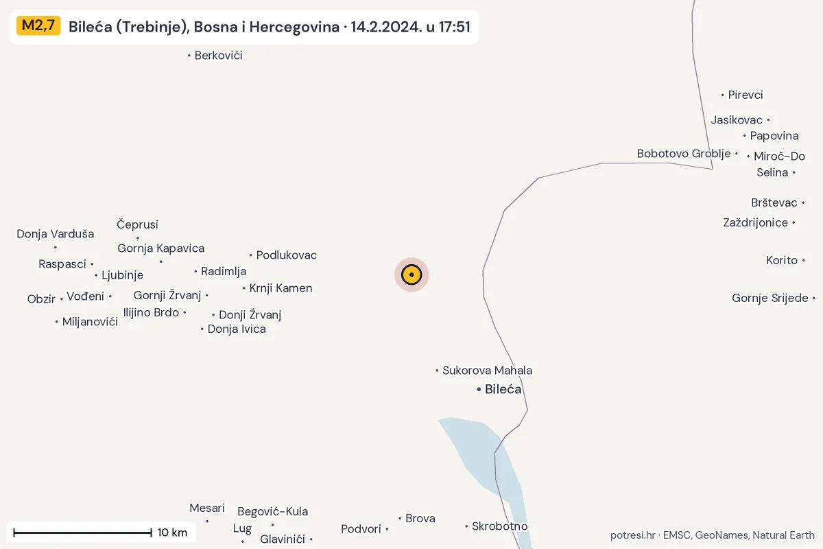 Karta: okolica epicentra, 60 km, potres M2,7, Bileća (Trebinje), Bosna i Hercegovina, 14.2.2024.