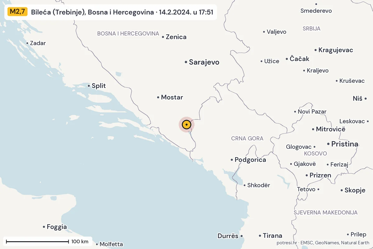 Karta: šire područje, 600 km, potres M2,7, Bileća (Trebinje), Bosna i Hercegovina, 14.2.2024.