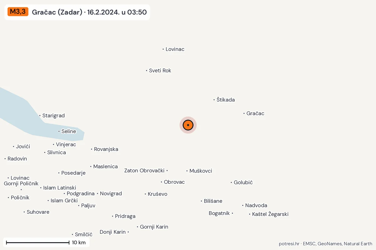Karta: okolica epicentra, 60 km, potres M3,3, Gračac (Zadar), 16.2.2024.