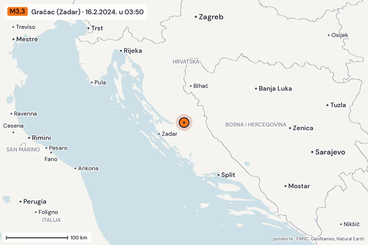 Karta: šire područje, 600 km, potres M3,3, Gračac (Zadar), 16.2.2024.
