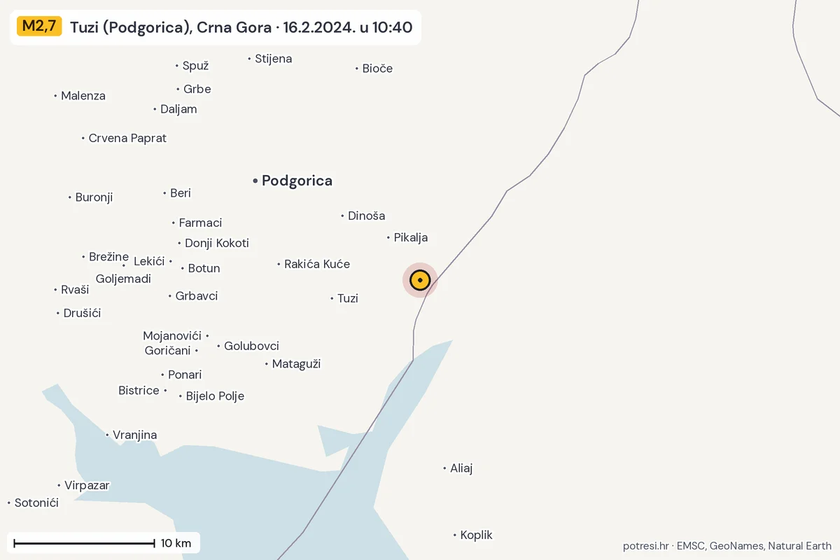 Karta: okolica epicentra, 60 km, potres M2,7, Tuzi (Podgorica), Crna Gora, 16.2.2024.