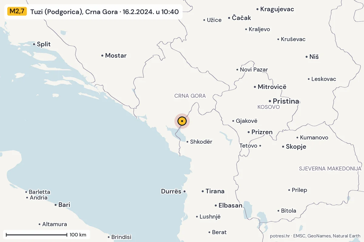 Karta: šire područje, 600 km, potres M2,7, Tuzi (Podgorica), Crna Gora, 16.2.2024.