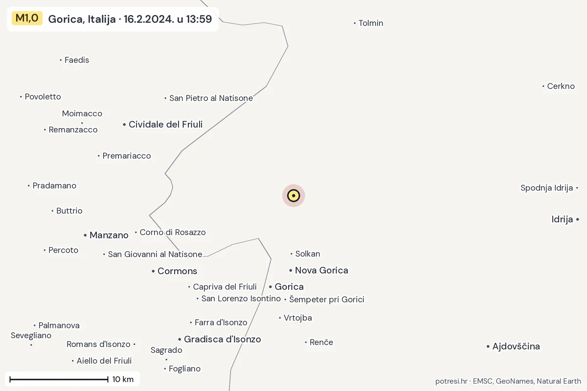 Karta: okolica epicentra, 60 km, potres M1,0, Gorica, Italija, 16.2.2024.