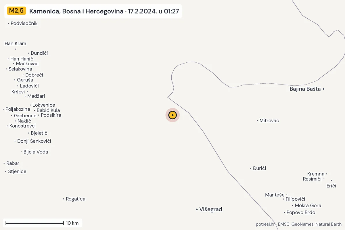 Karta: okolica epicentra, 60 km, potres M2,5, Kamenica, Bosna i Hercegovina, 17.2.2024.