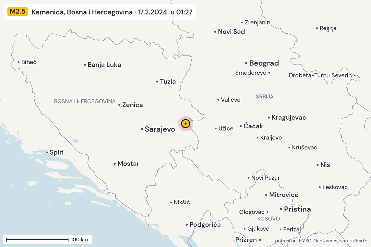 Karta: šire područje, 600 km, potres M2,5, Kamenica, Bosna i Hercegovina, 17.2.2024.