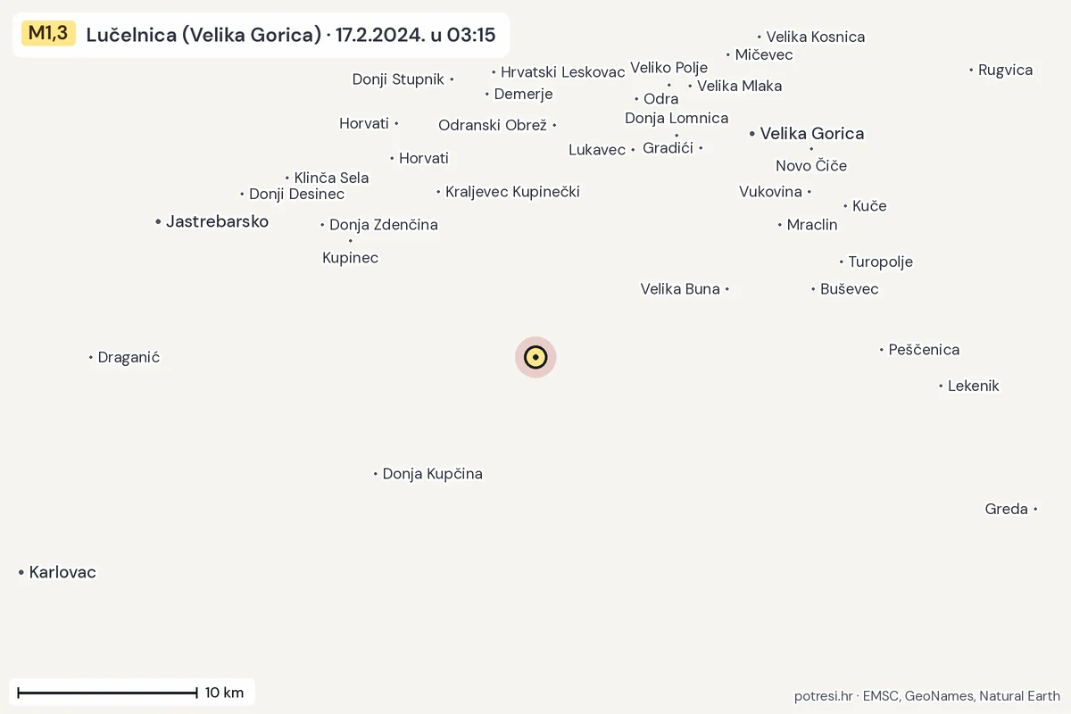 Karta: okolica epicentra, 60 km, potres M1,3, Lučelnica (Velika Gorica), 17.2.2024.