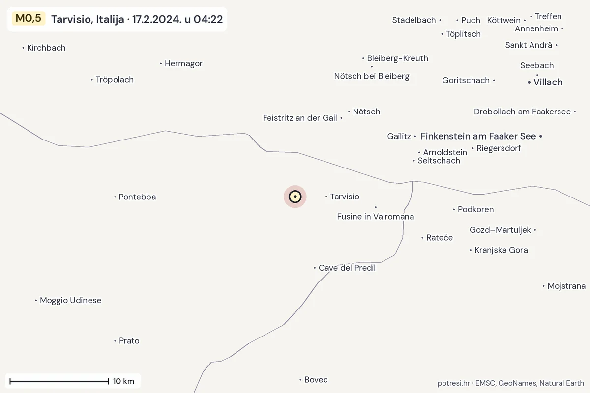 Karta: okolica epicentra, 60 km, potres M0,5, Tarvisio, Italija, 17.2.2024.