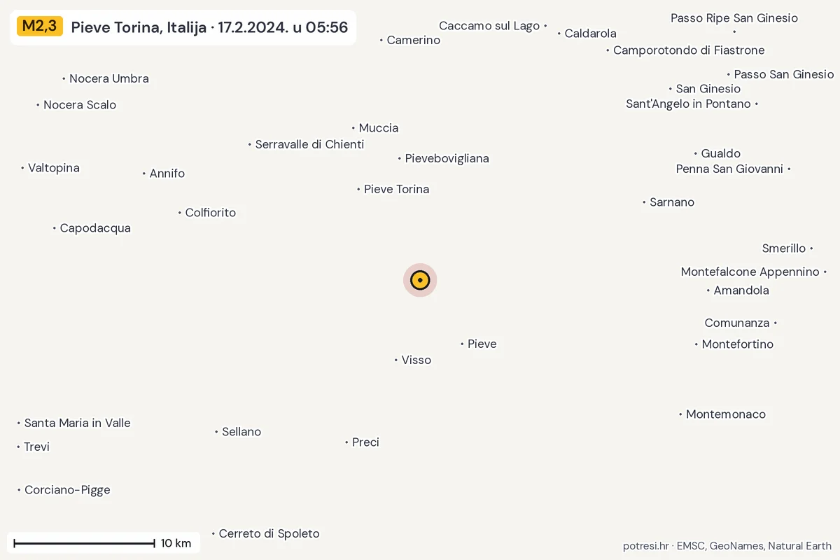 Karta: okolica epicentra, 60 km, potres M2,3, Pieve Torina, Italija, 17.2.2024.