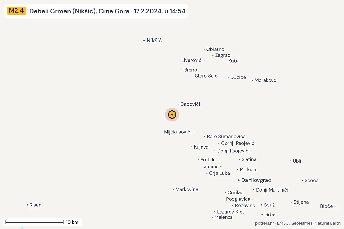 Karta: okolica epicentra, 60 km, potres M2,4, Debeli Grmen (Nikšić), Crna Gora, 17.2.2024.