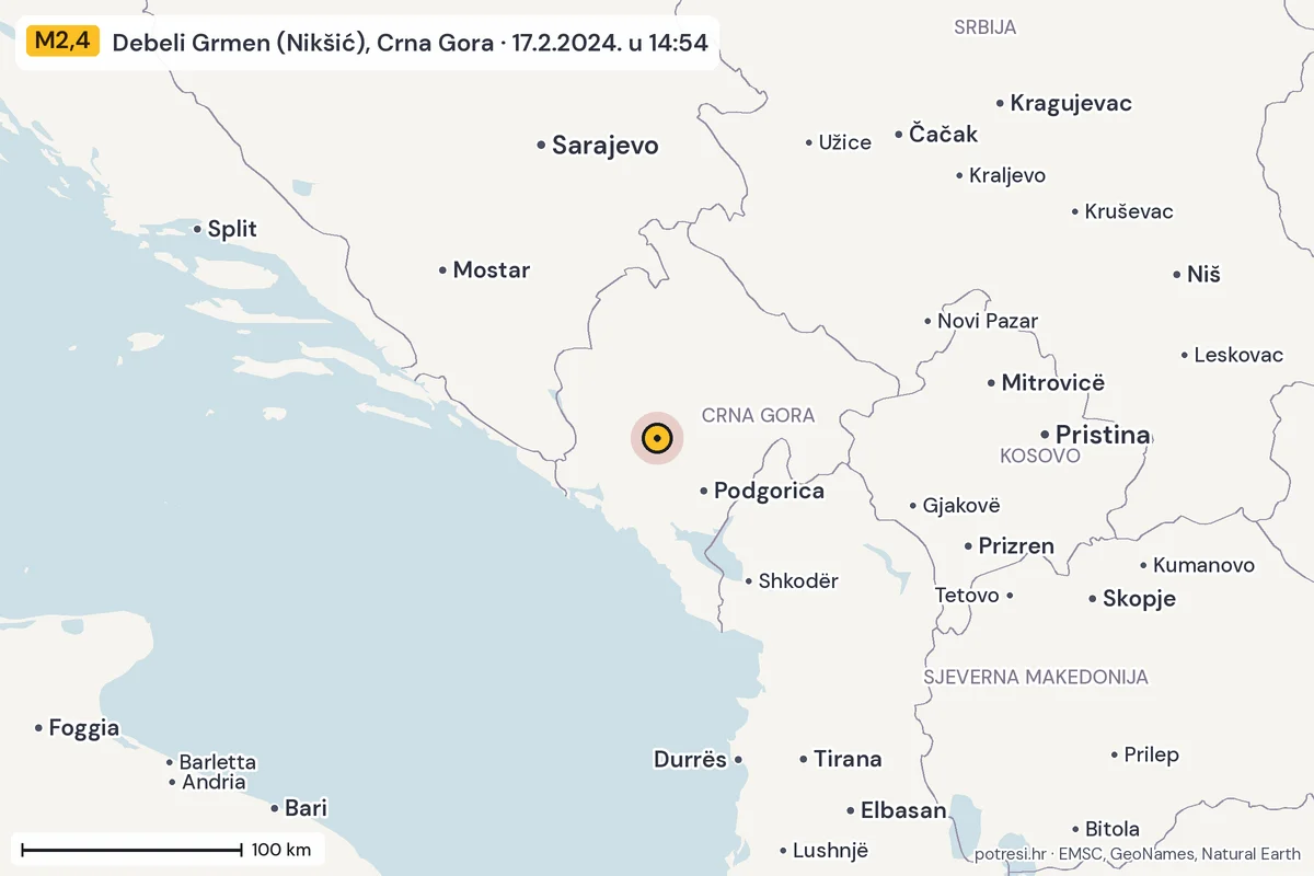 Karta: šire područje, 600 km, potres M2,4, Debeli Grmen (Nikšić), Crna Gora, 17.2.2024.