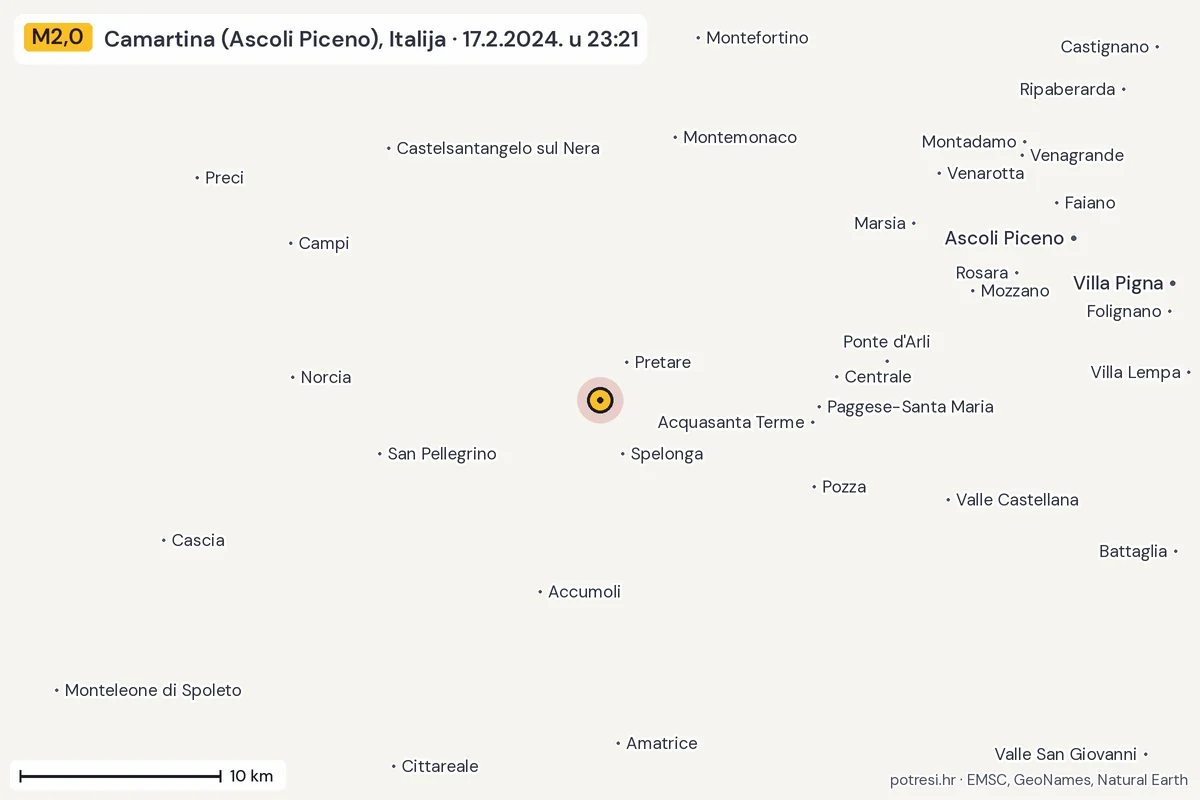Karta: okolica epicentra, 60 km, potres M2,0, Camartina (Ascoli Piceno), Italija, 17.2.2024.