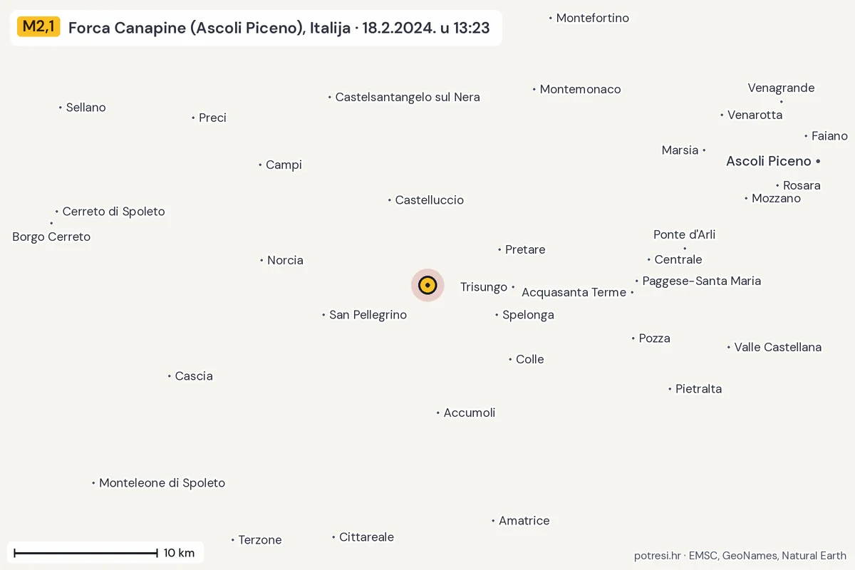 Karta: okolica epicentra, 60 km, potres M2,1, Forca Canapine (Ascoli Piceno), Italija, 18.2.2024.