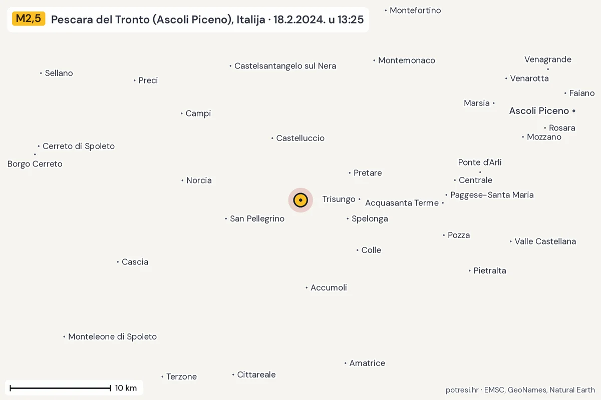 Karta: okolica epicentra, 60 km, potres M2,5, Pescara del Tronto (Ascoli Piceno), Italija, 18.2.2024.