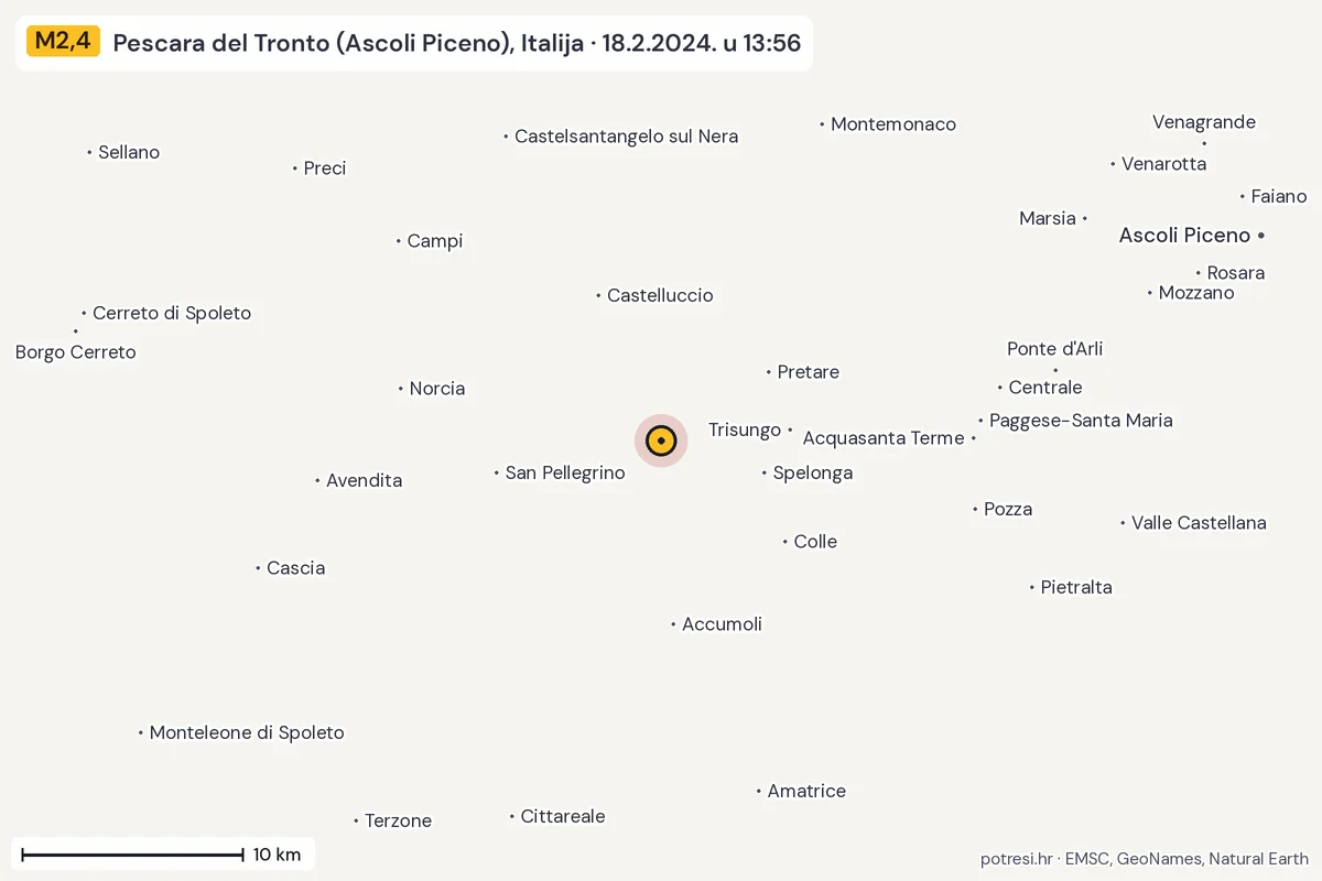 Karta: okolica epicentra, 60 km, potres M2,4, Pescara del Tronto (Ascoli Piceno), Italija, 18.2.2024.
