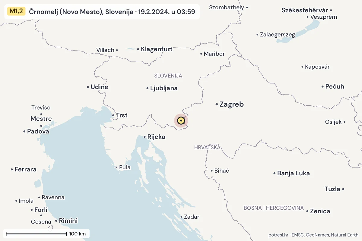 Karta: šire područje, 600 km, potres M1,2, Črnomelj (Novo Mesto), Slovenija, 19.2.2024.