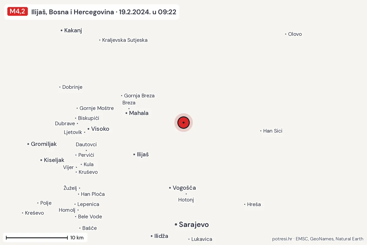 Karta: okolica epicentra, 60 km, potres M4,2, Ilijaš, Bosna i Hercegovina, 19.2.2024.