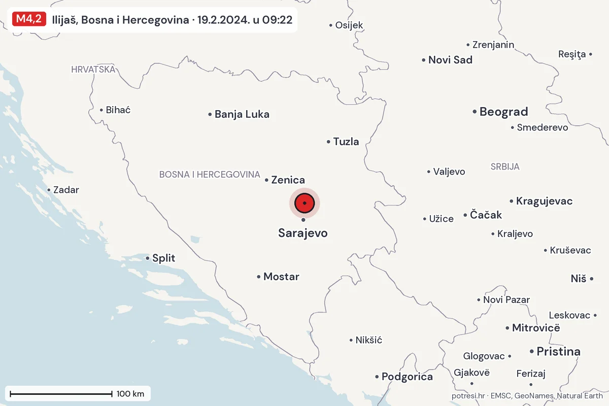 Karta: šire područje, 600 km, potres M4,2, Ilijaš, Bosna i Hercegovina, 19.2.2024.